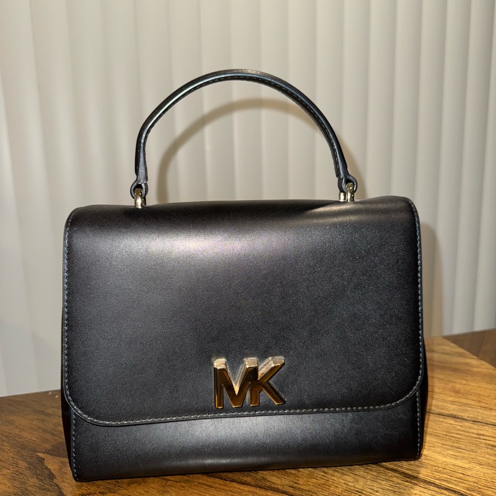 Michael Kors Turn Lock Handbag, Purse, Black Leather With Gold Hardware
